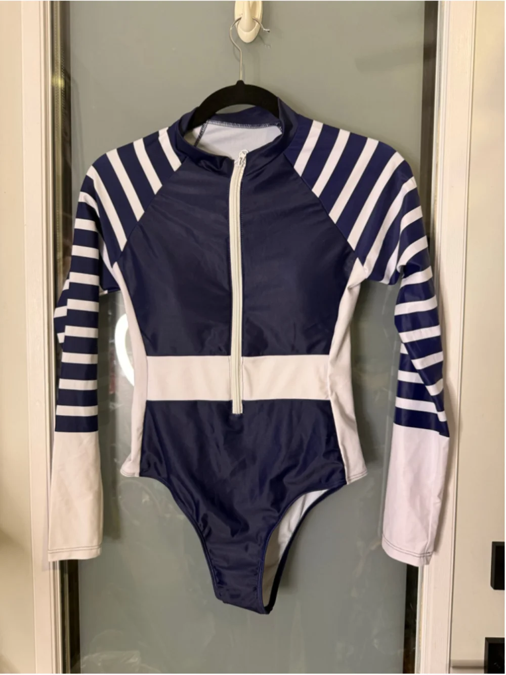 Bikinishe Navy & White Striped Long Sleeve One Piece Swimsuit S